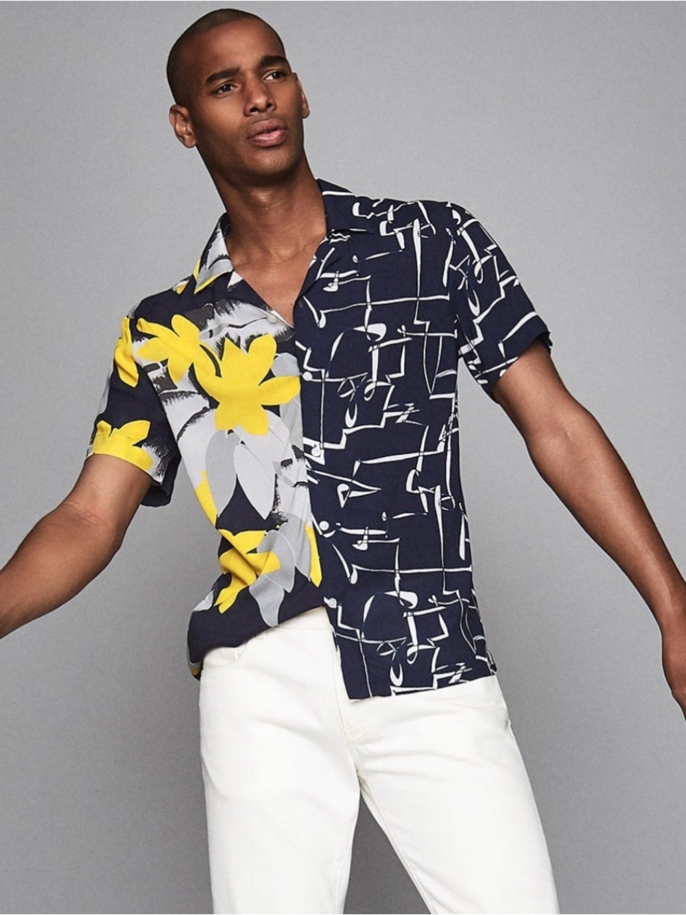 REISS Men’s Split Print Floral Abstract Camp Collar Shirt Navy Yellow Size M